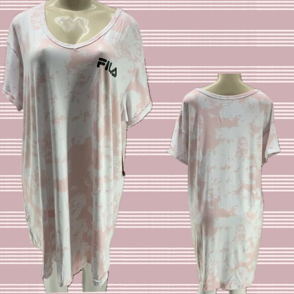 Fila + 2X Logo Pink-Cream Tie-Dye Brushed Finish V-Neck Short Sleeve Sleep Tee - Picture 1 of 6